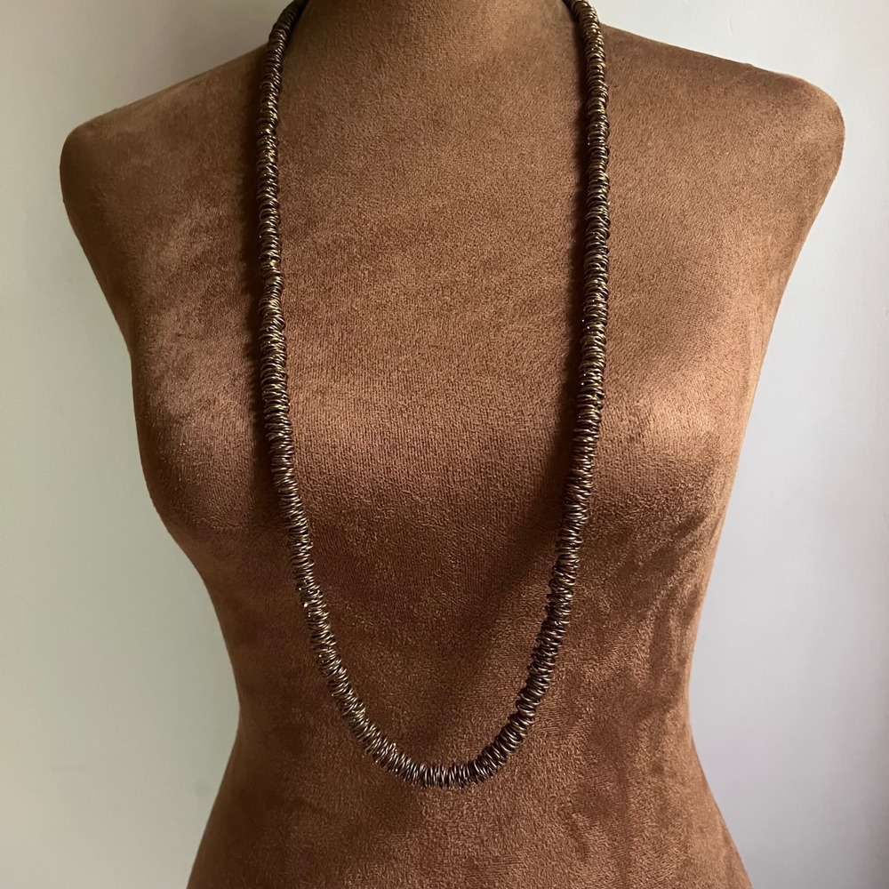 Vintage Bronze Tone Coil Link Long Statement Necklace 34-37 Inch Size Large